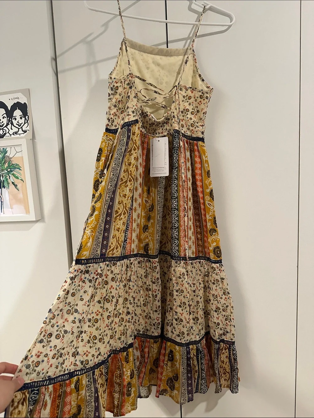Bohemian Tiered Midi Dress in Cream Floral and Multi Stripe - Picture 6 of 10